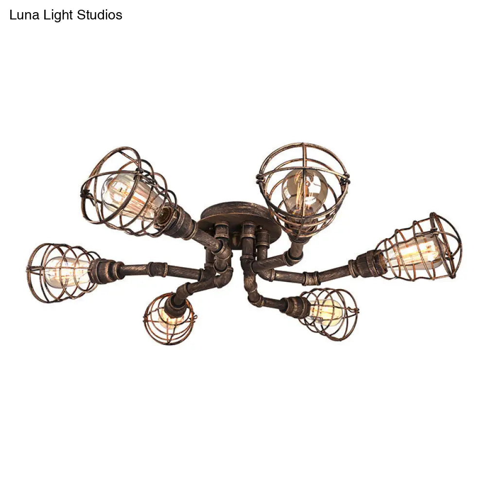 Black/Bronze Metal Twisted Pipe Semi Flush Light Fixture For Restaurant - 4/6/8 Bulbs