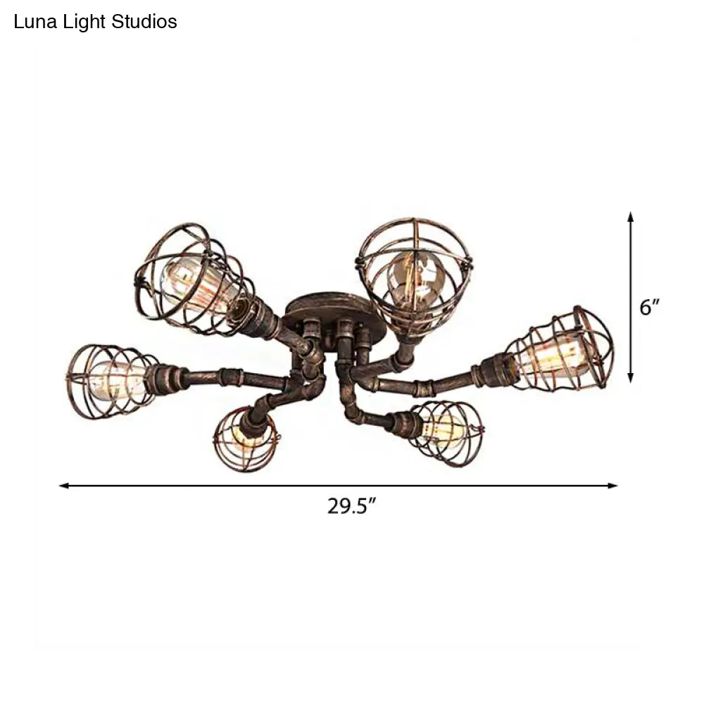 Black/Bronze Metal Twisted Pipe Semi Flush Light Fixture For Restaurant - 4/6/8 Bulbs