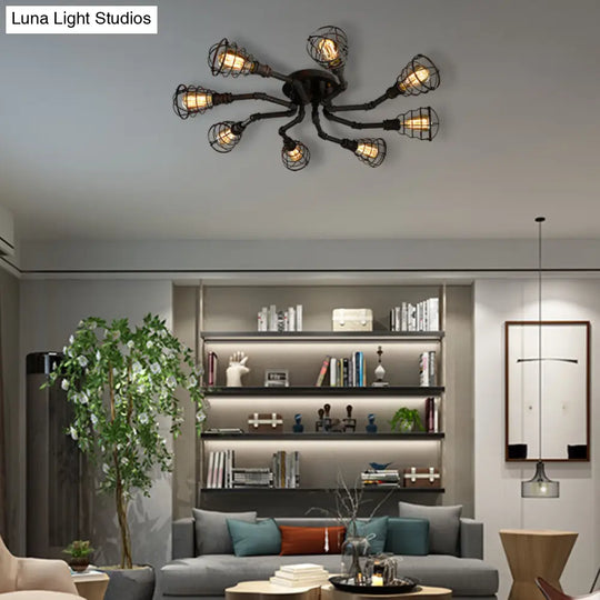 Black/Bronze Metal Twisted Pipe Semi Flush Light Fixture For Restaurant - 4/6/8 Bulbs 8 / Rust