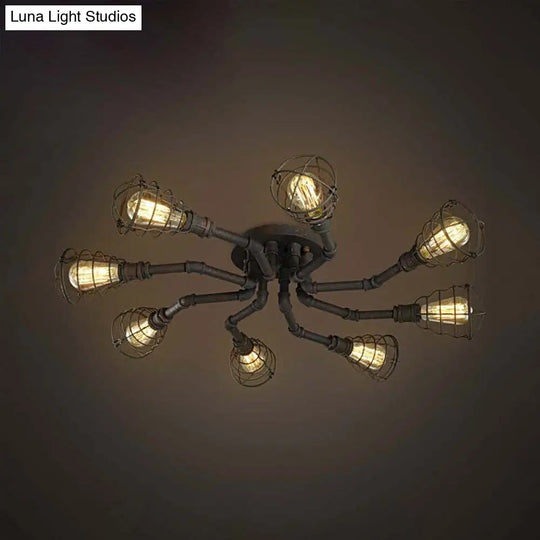 Black/Bronze Metal Twisted Pipe Semi Flush Light Fixture For Restaurant - 4/6/8 Bulbs