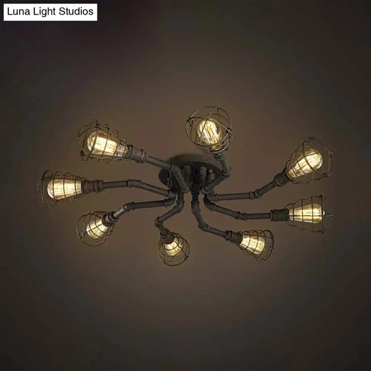 Black/Bronze Metal Twisted Pipe Semi Flush Light Fixture For Restaurant - 4/6/8 Bulbs