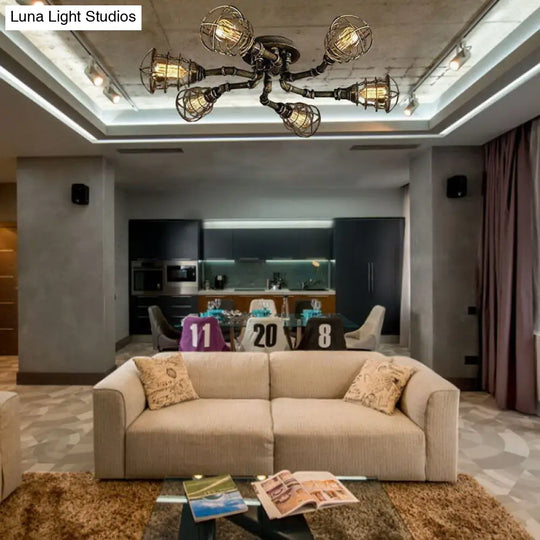 Black/Bronze Metal Twisted Pipe Semi Flush Light Fixture For Restaurant - 4/6/8 Bulbs 6 / Bronze