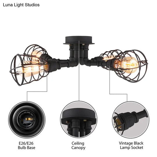 Black/Bronze Metal Twisted Pipe Semi Flush Light Fixture For Restaurant - 4/6/8 Bulbs