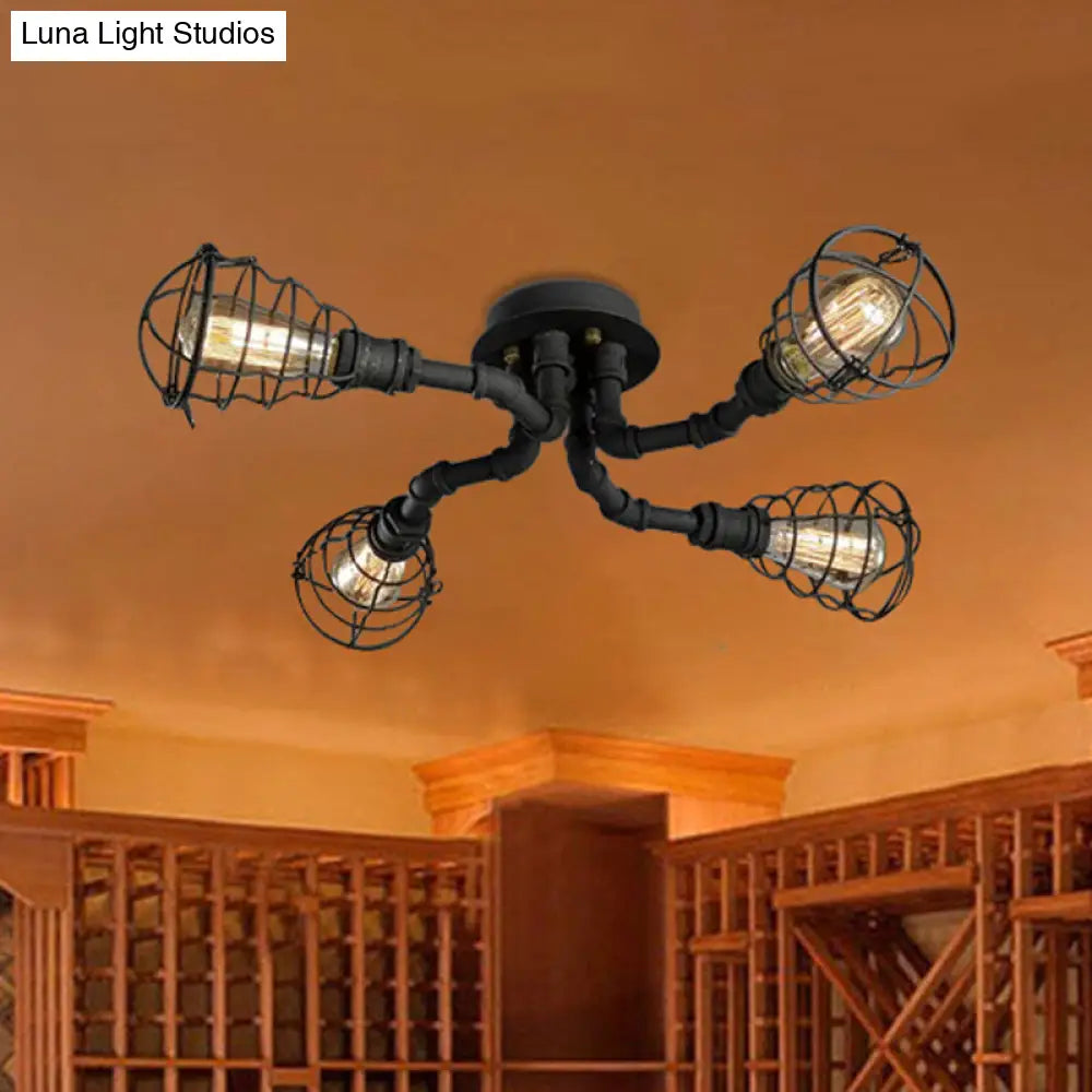 Black/Bronze Metal Twisted Pipe Semi Flush Light Fixture For Restaurant - 4/6/8 Bulbs