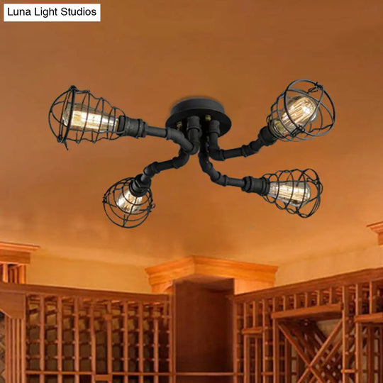 Black/Bronze Metal Twisted Pipe Semi Flush Light Fixture For Restaurant - 4/6/8 Bulbs