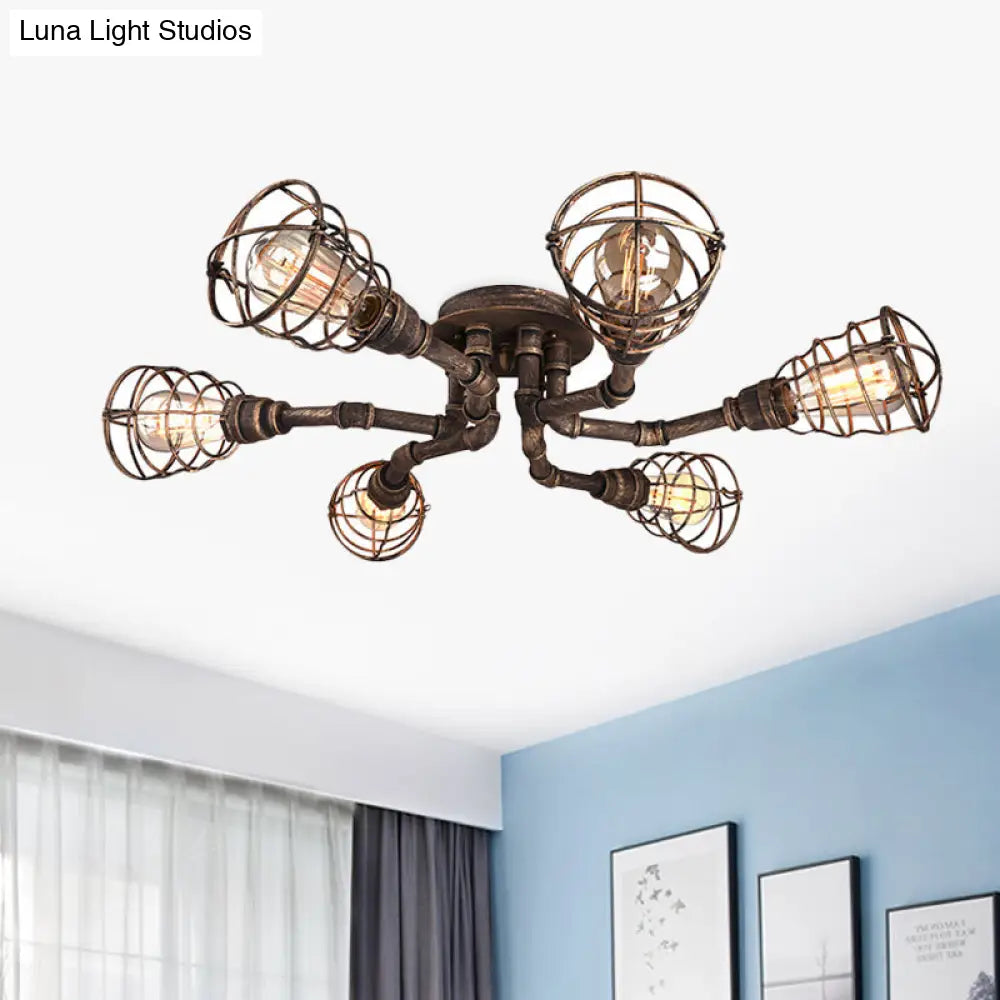 Black/Bronze Metal Twisted Pipe Semi Flush Light Fixture For Restaurant - 4/6/8 Bulbs