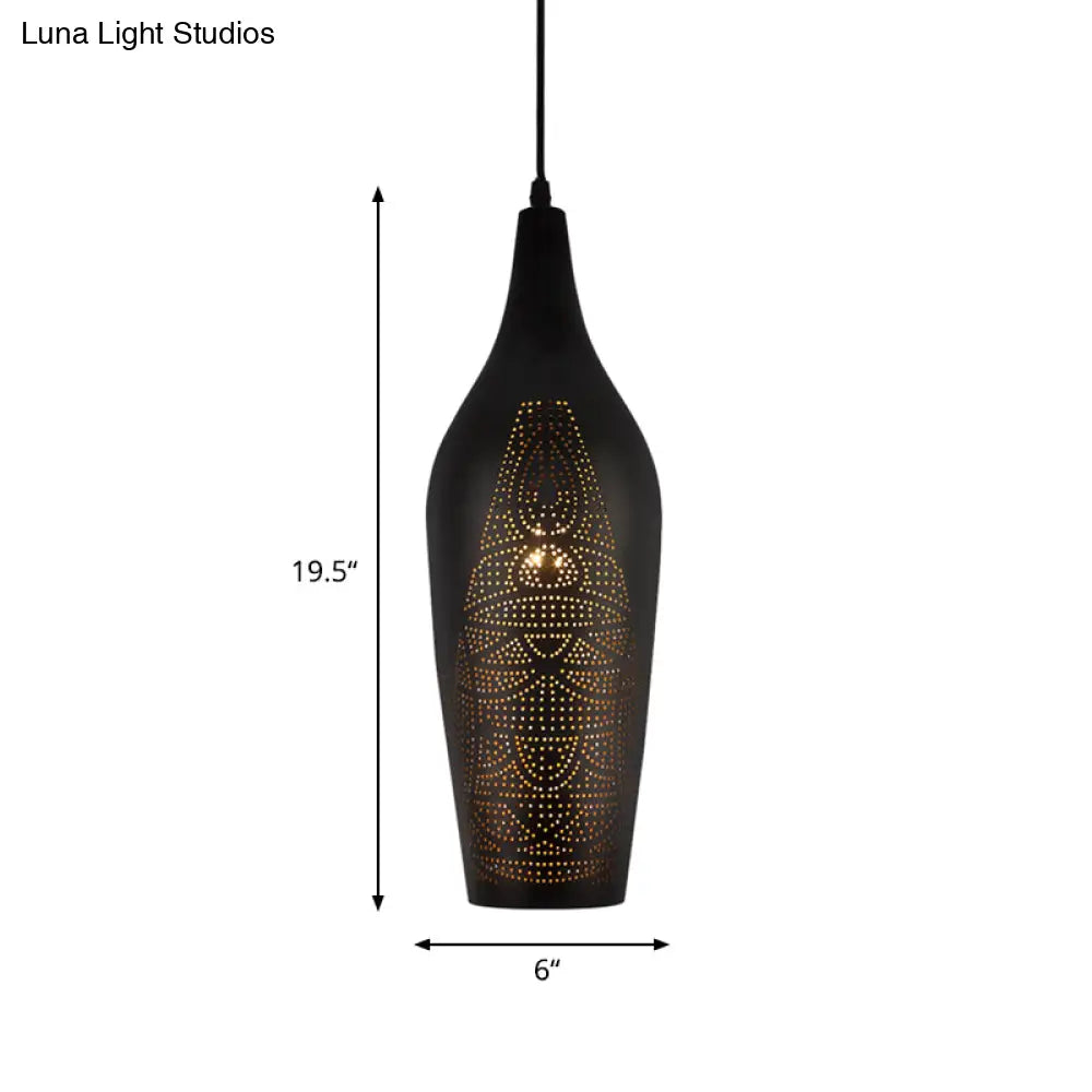 Black Carved Pendant Metal Ceiling Lamp With Decorative Suspension - 1 Bulb Design