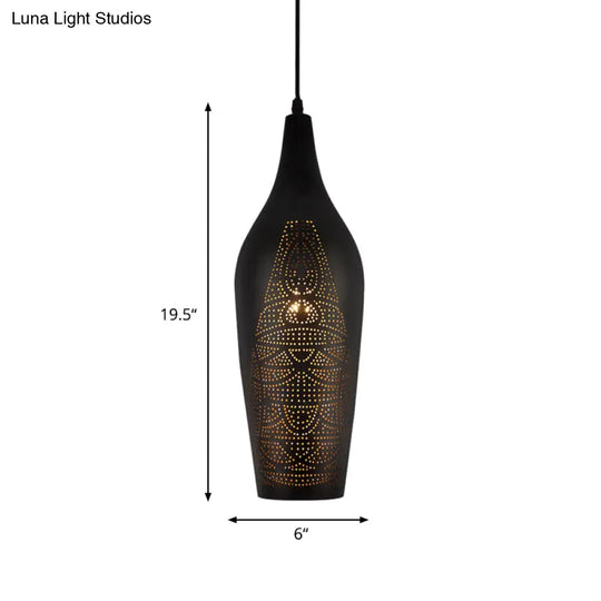 Black Carved Pendant Metal Ceiling Lamp With Decorative Suspension - 1 Bulb Design