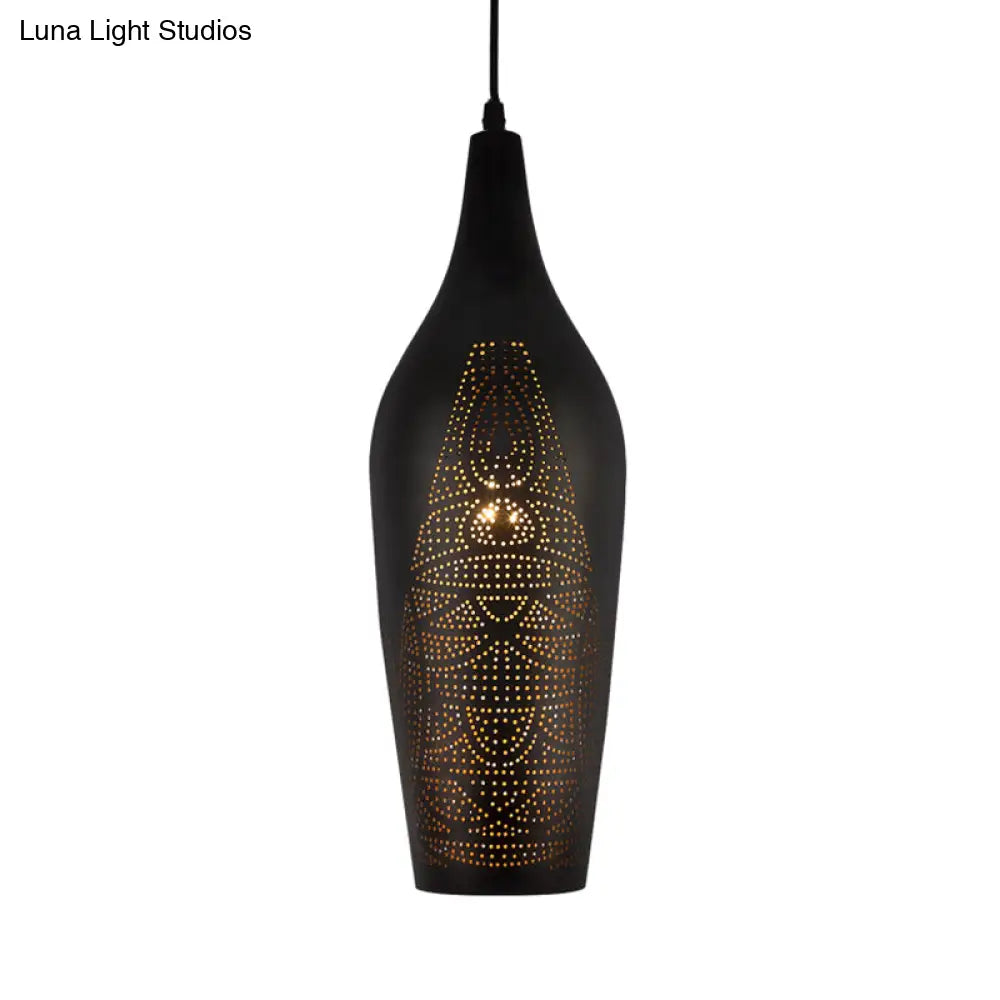 Black Carved Pendant Metal Ceiling Lamp With Decorative Suspension - 1 Bulb Design