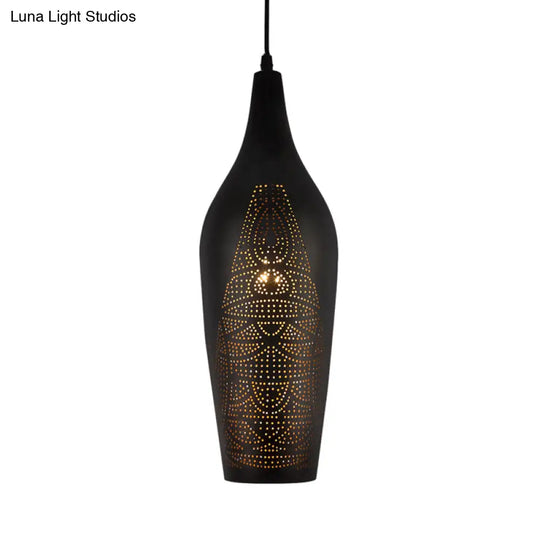 Black Carved Pendant Metal Ceiling Lamp With Decorative Suspension - 1 Bulb Design