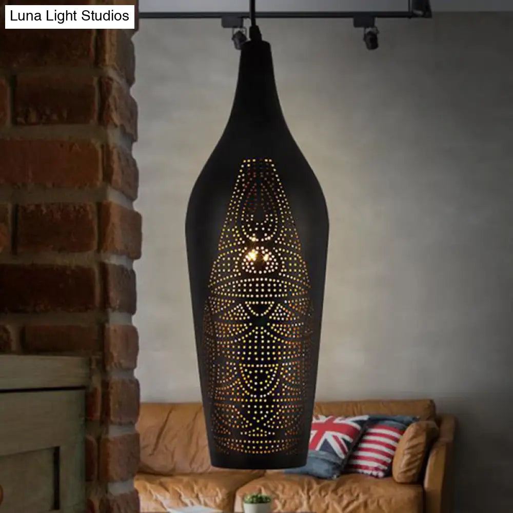 Black Carved Pendant Metal Ceiling Lamp With Decorative Suspension - 1 Bulb Design