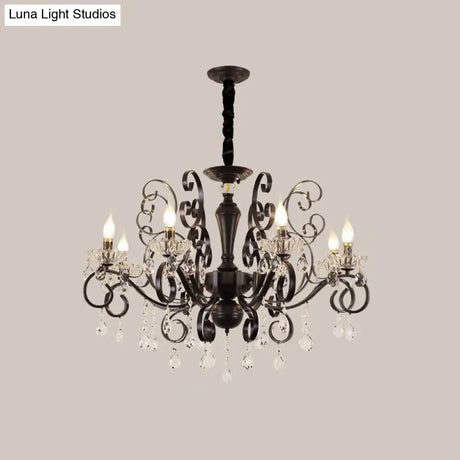 Black Chandelier With Crystal Strands - Metallic Candle Hanging Lamp Kit (6/8 Bulbs) Minimalistic