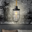 Black Coastal Caged Pendant Lamp Single-Bulb Clear Glass Light Fixture For Bedroom