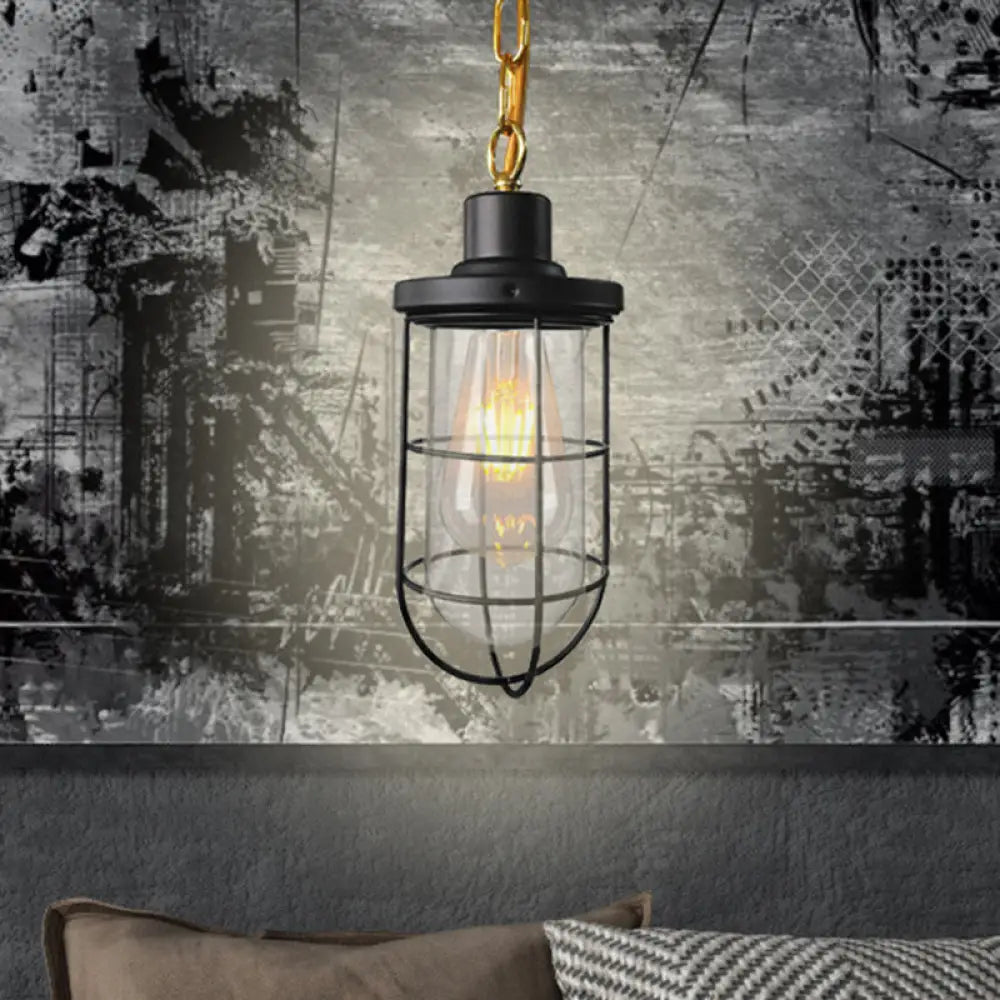 Black Coastal Caged Pendant Lamp Single-Bulb Clear Glass Light Fixture For Bedroom