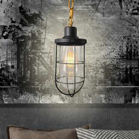Black Coastal Caged Pendant Lamp Single-Bulb Clear Glass Light Fixture For Bedroom