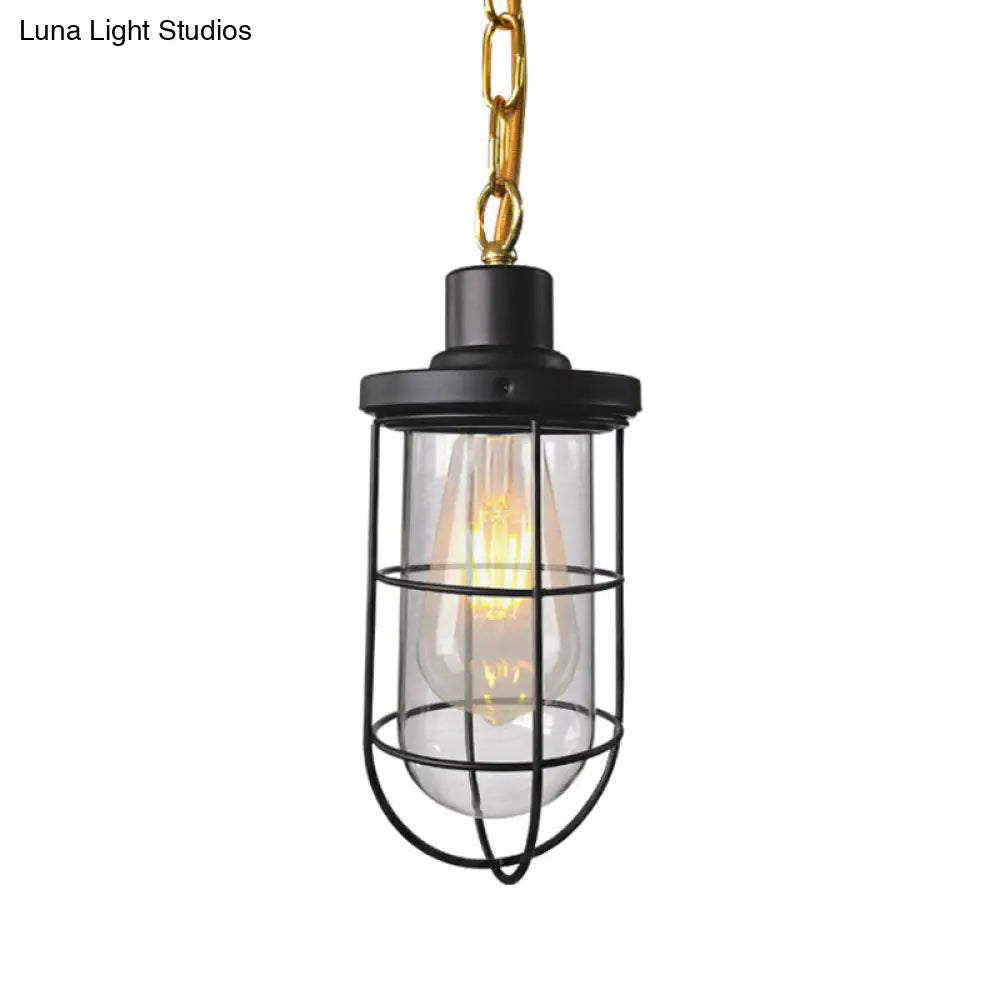 Coastal Black Caged Pendant Lamp With Clear Glass - Single-Bulb Hanging Light Fixture For Bedroom