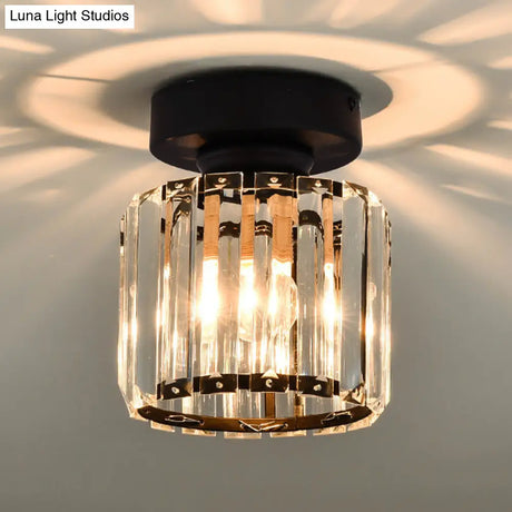 Black Contemporary Geometric Flush Mount Ceiling Light With Tri-Prism Crystal - 1-Light Hallway