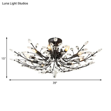 Black Crystal Leaf Semi Flush Mount Light - Modern Metal Ceiling Fixture With 6/8/10 Lights