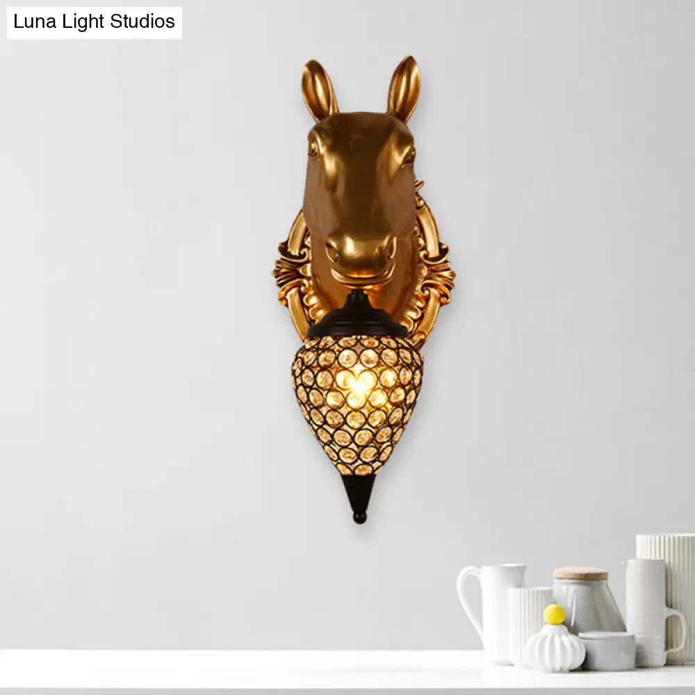 Black Crystal Metal Animal Wall Sconce With Hollow Cone Shade