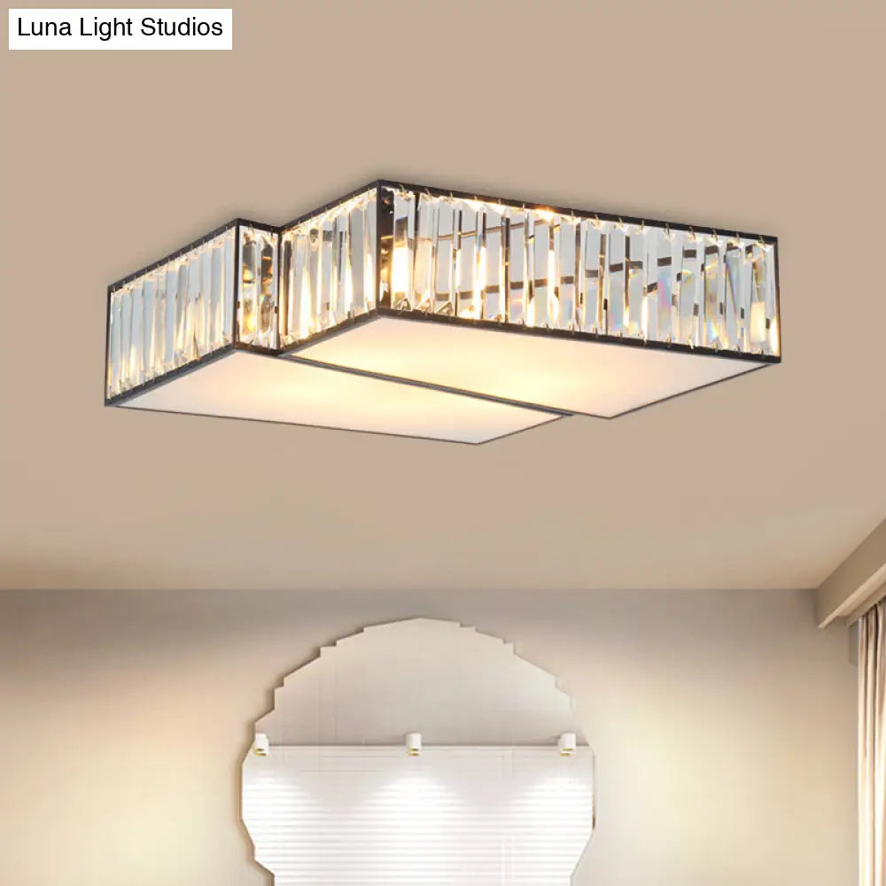Black Crystal Rectangle Flushmount Ceiling Light Fixture - Contemporary With 4 Geometric Bulbs
