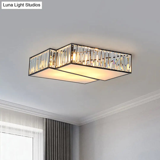 Black Crystal Rectangle Flushmount Ceiling Light Fixture - Contemporary With 4 Geometric Bulbs