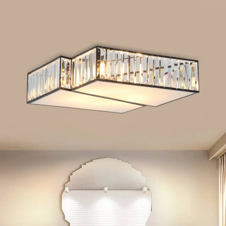 Black Crystal Rectangle Flushmount Ceiling Light Fixture - Contemporary With 4 Geometric Bulbs