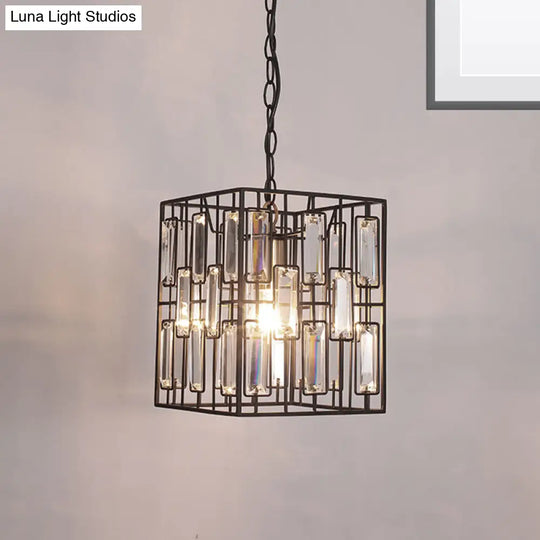 Modern Black Cuboid Pendant Lamp - 1 Bulb Metallic Ceiling Light With Crystal Icicle Accent