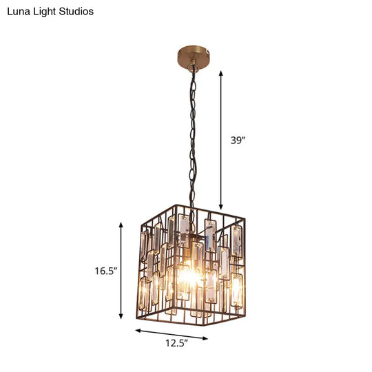 Modern Black Cuboid Pendant Lamp - 1 Bulb Metallic Ceiling Light With Crystal Icicle Accent