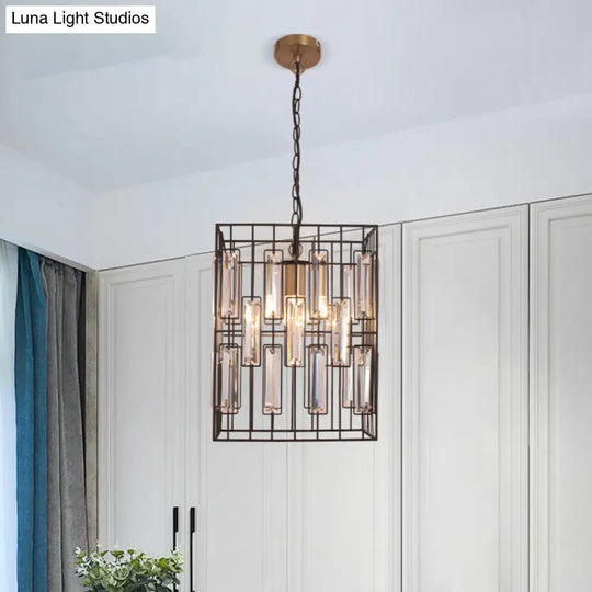 Modern Black Cuboid Pendant Lamp - 1 Bulb Metallic Ceiling Light With Crystal Icicle Accent
