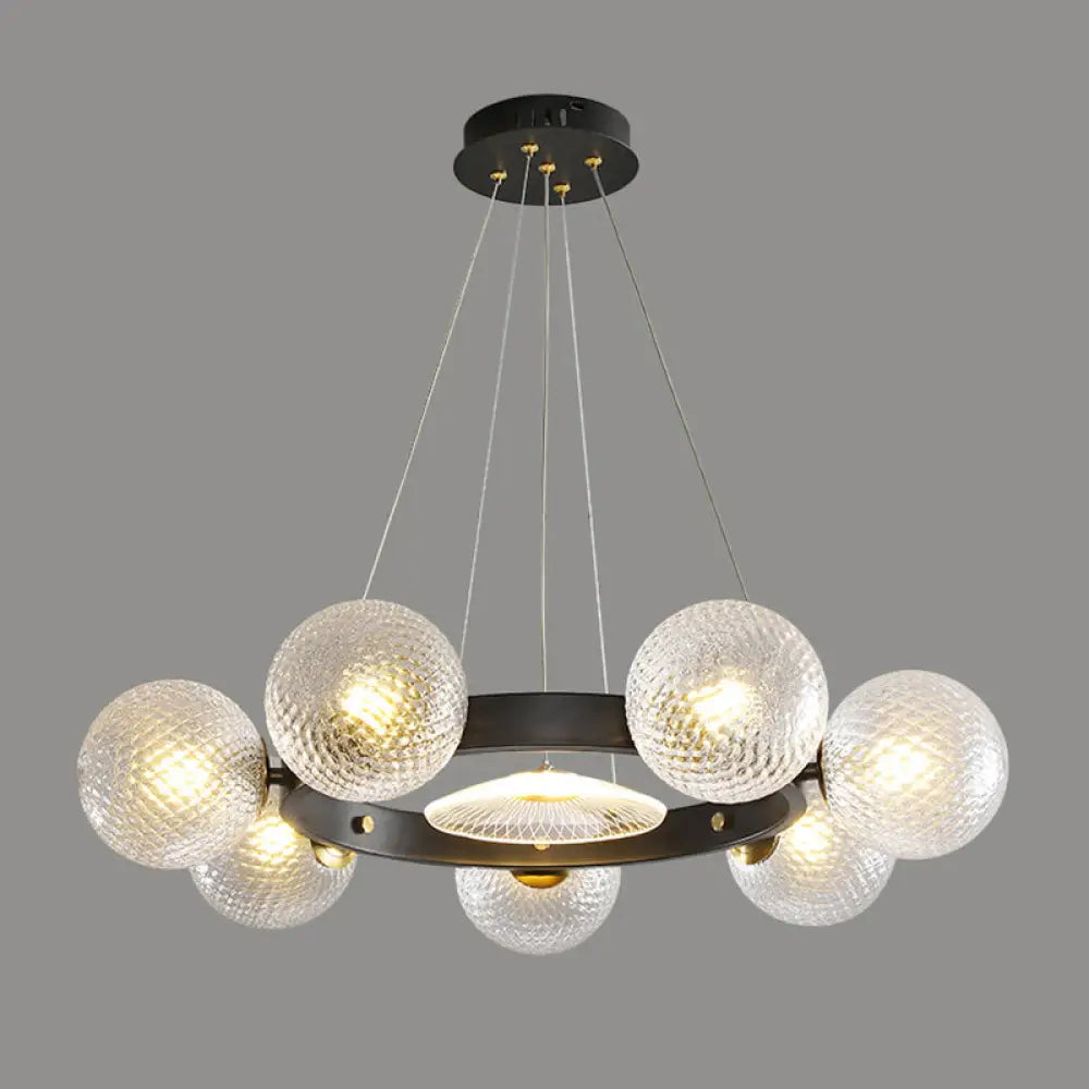 Black Designer Ball Pendant Chandelier With Clear Lattice Glass - Restaurant Hanging Light 7 /