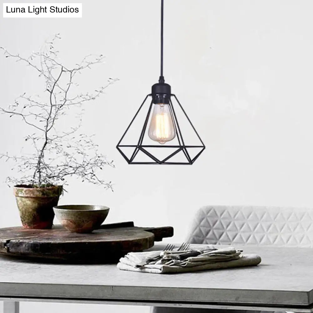 Retro Iron Black Diamond Cage Pendant Lamp - Bedroom Suspension Light Fixture