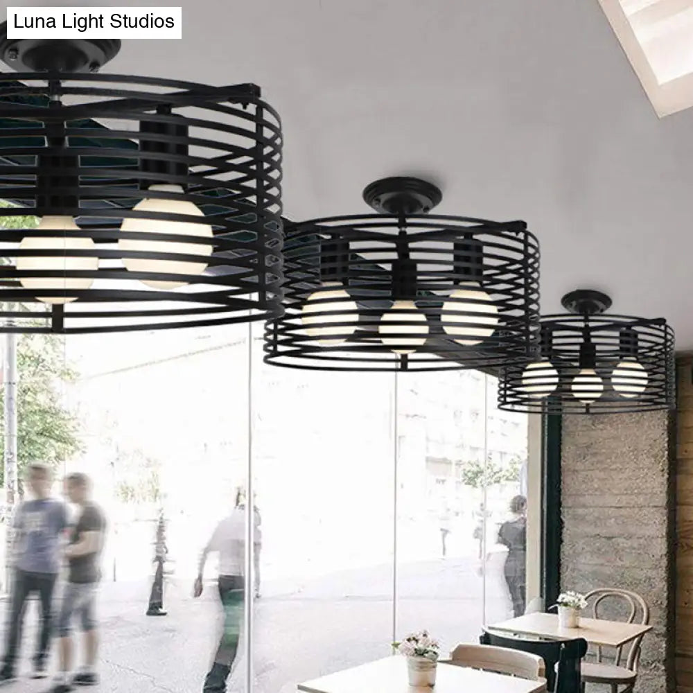Black Drum Design Semi Flush Light - Vintage Retro Metallic 3-Head Foyer Mount 16/16.5 W / 16