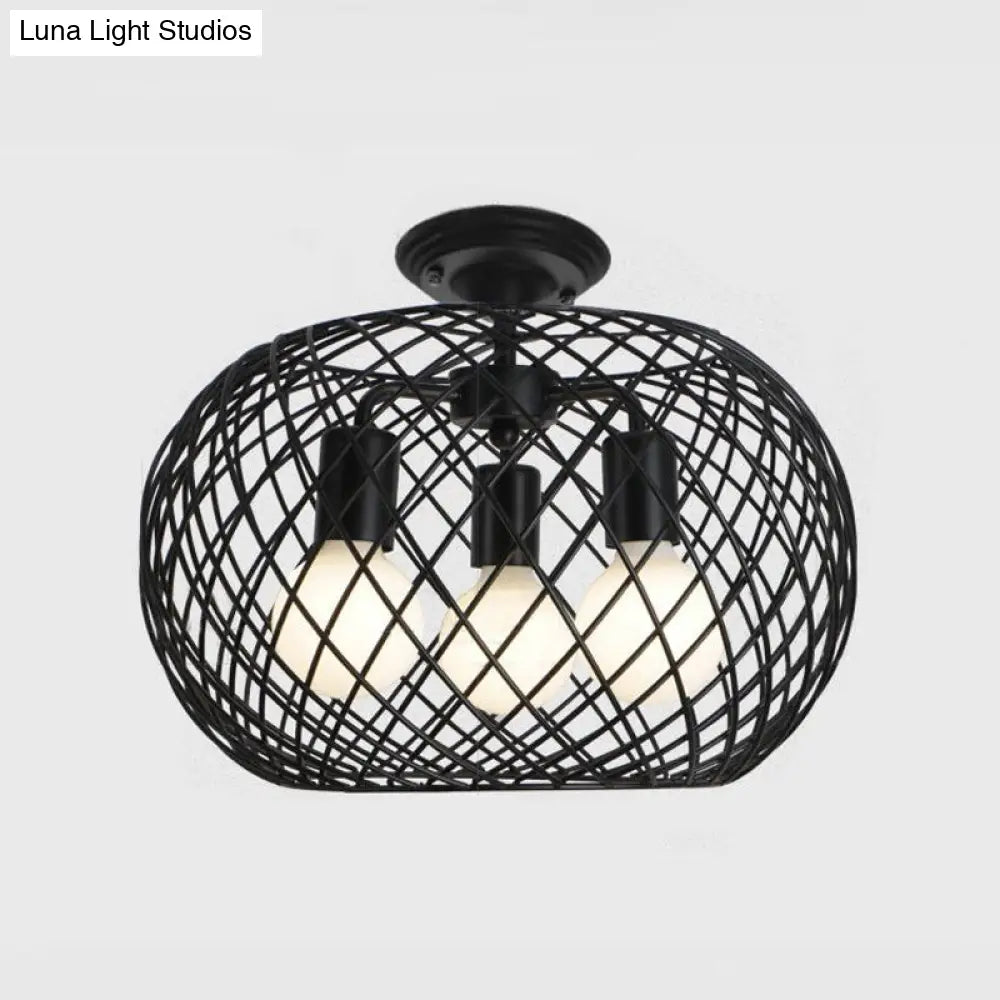 Black Drum Design Semi Flush Light - Vintage Retro Metallic 3-Head Foyer Mount 16/16.5 W