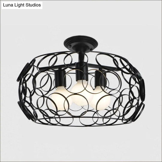 Black Drum Design Semi Flush Light - Vintage Retro Metallic 3-Head Foyer Mount 16’/16.5’ W