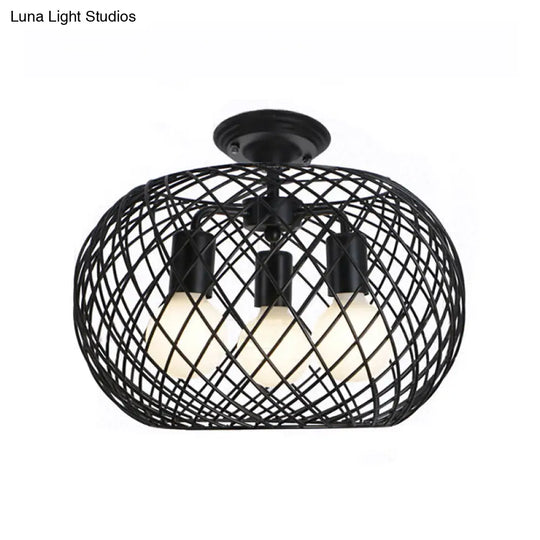 Black Drum Design Semi Flush Light - Vintage Retro Metallic 3-Head Foyer Mount 16/16.5 W