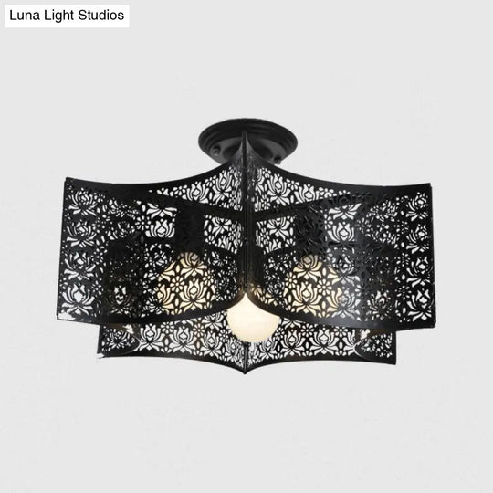 Black Drum Design Semi Flush Light - Vintage Retro Metallic 3-Head Foyer Mount 16’/16.5’ W