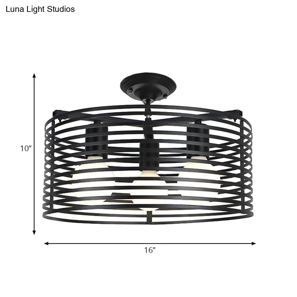 Black Drum Design Semi Flush Light - Vintage Retro Metallic 3-Head Foyer Mount 16’/16.5’ W