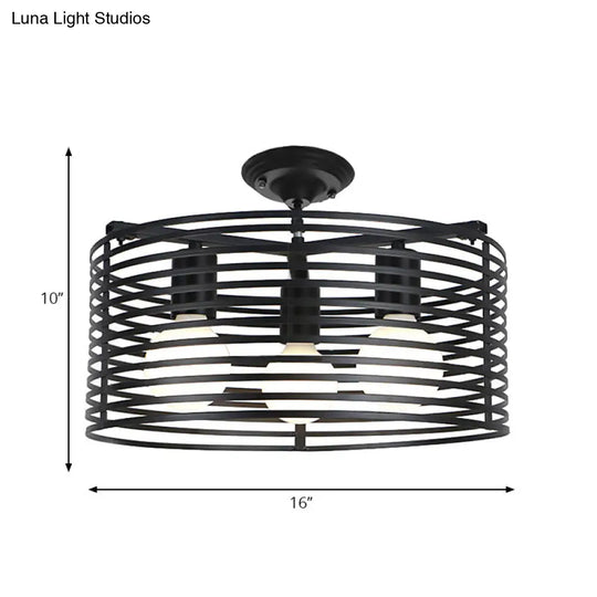 Black Drum Design Semi Flush Light - Vintage Retro Metallic 3-Head Foyer Mount 16’/16.5’ W