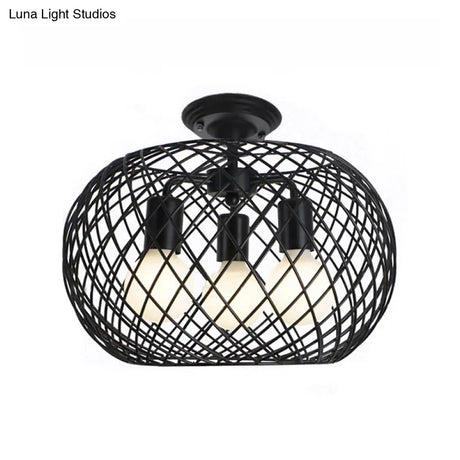 Black Drum Design Semi Flush Light - Vintage Retro Metallic 3-Head Foyer Mount 16’/16.5’ W