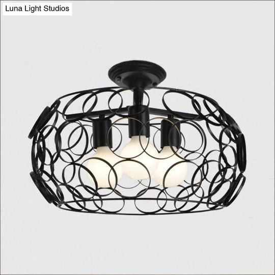 Black Drum Design Semi Flush Light - Vintage Retro Metallic 3-Head Foyer Mount 16/16.5 W
