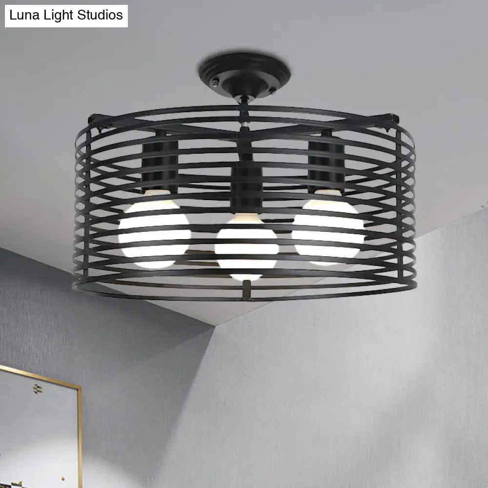 Black Drum Design Semi Flush Light - Vintage Retro Metallic 3-Head Foyer Mount 16’/16.5’ W