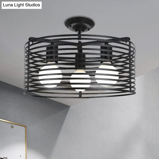 Black Drum Design Semi Flush Light - Vintage Retro Metallic 3-Head Foyer Mount 16’/16.5’ W