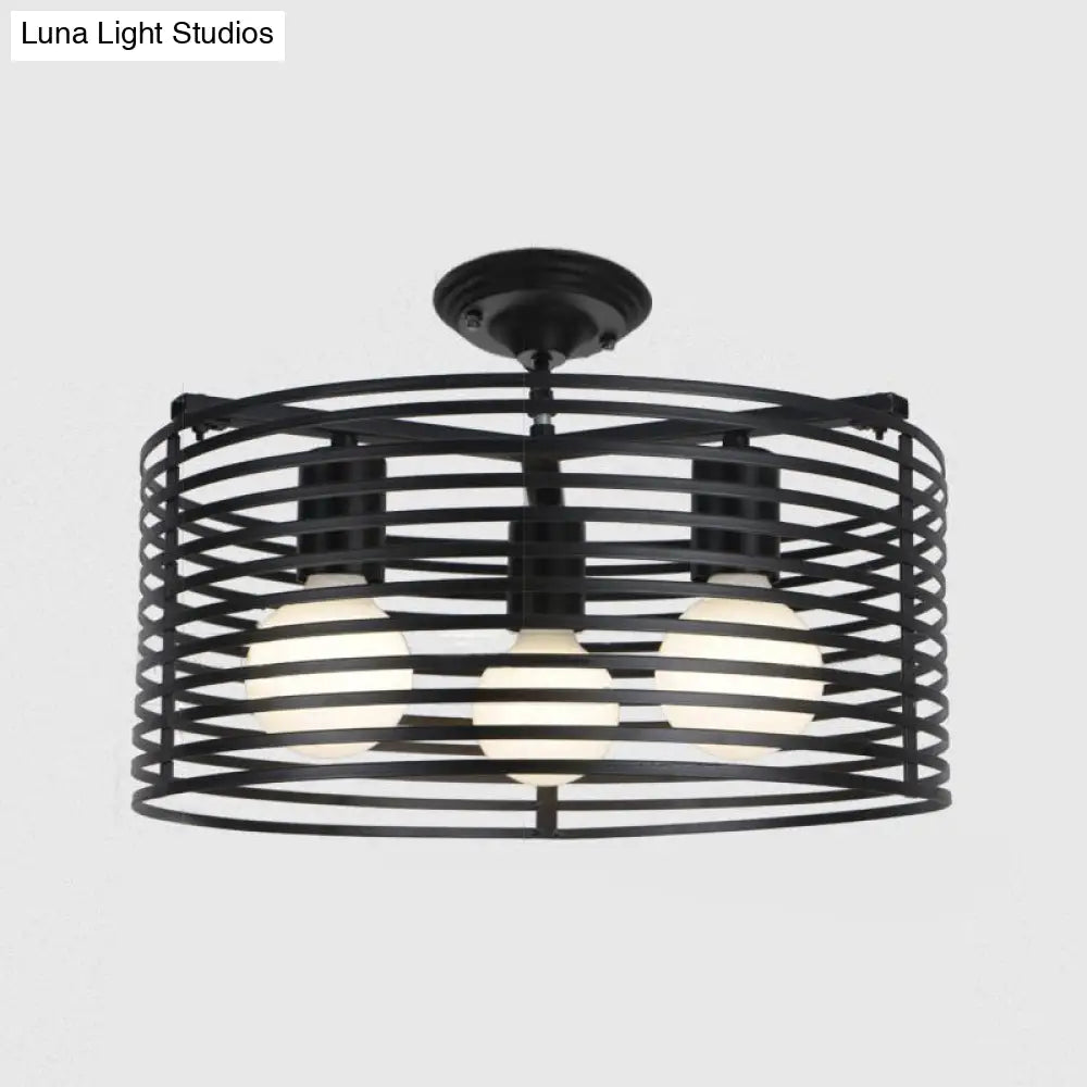 Black Drum Design Semi Flush Light - Vintage Retro Metallic 3-Head Foyer Mount 16’/16.5’ W