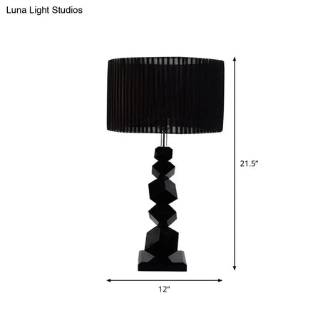 Black Drum Nightstand Lamp: Modern 12/13 W Single Pleated Table Light With Rock Pedestal