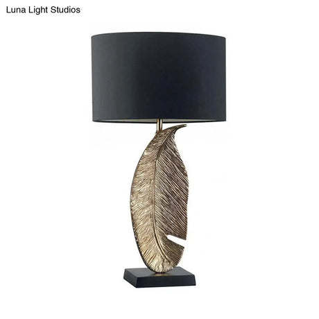 Black Fabric Table Lamp With Leaf-Shaped Metal Base - Modern 1-Light Night Lighting For Bedroom