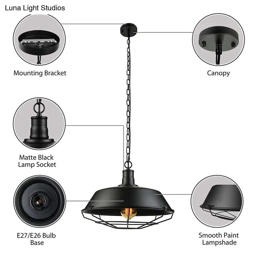 Black Farmhouse Barn Ceiling Light: Stylish Cage Shade Pendant Lamp (1 Bulb) - 10’/14’/18’ Diameter