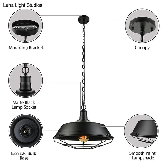 Black Farmhouse Barn Ceiling Light: Stylish Cage Shade Pendant Lamp (1 Bulb) - 10’/14’/18’ Diameter