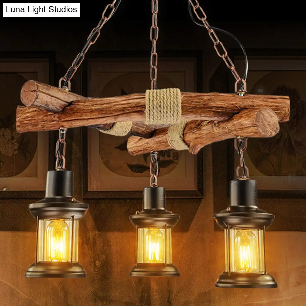 Farmhouse Lantern Chandelier: Clear Glass 3 Lights Black Ceiling Light Fixture