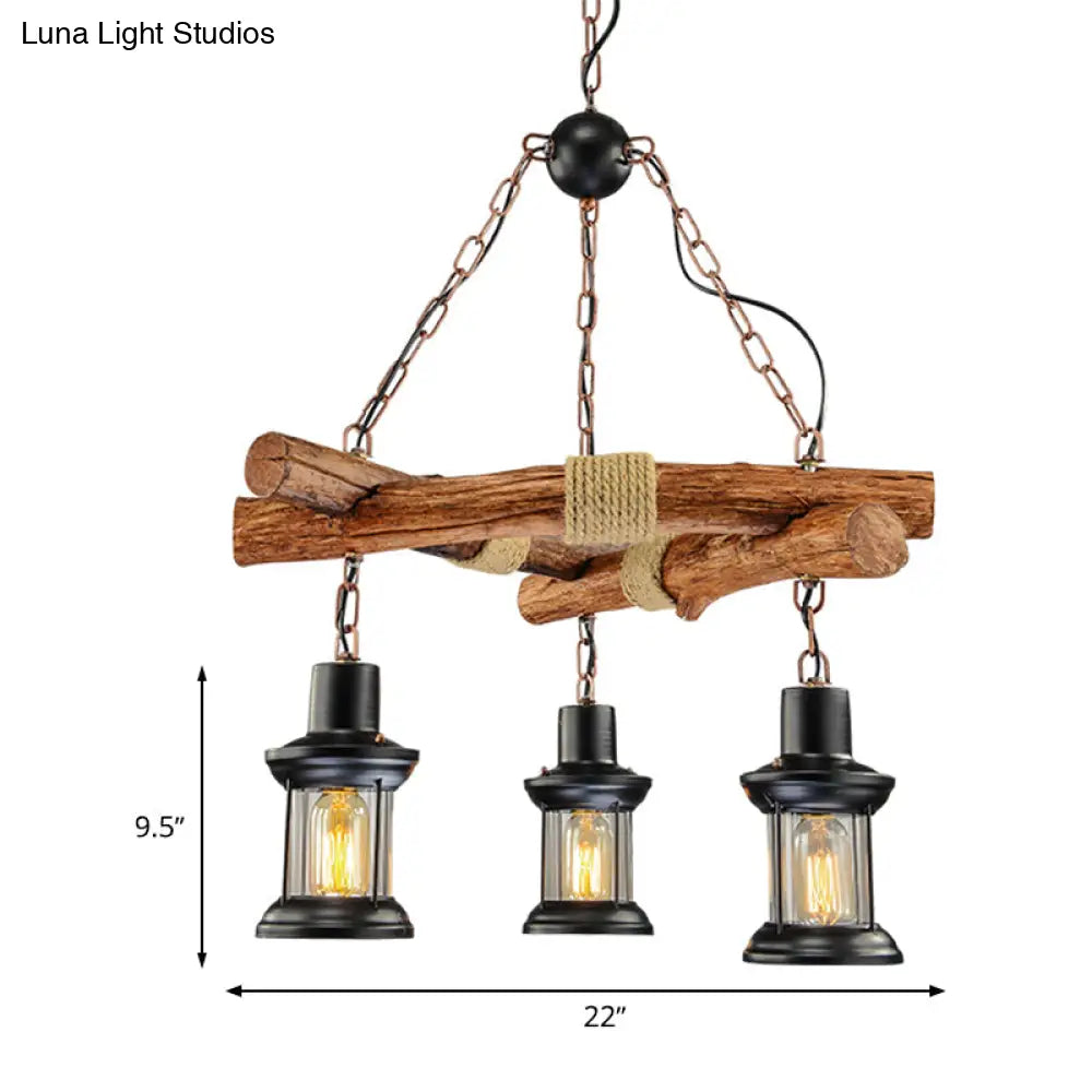 Black Farmhouse Lantern Chandelier - 3 Lights Clear Glass Perfect For Restaurants & Ceilings