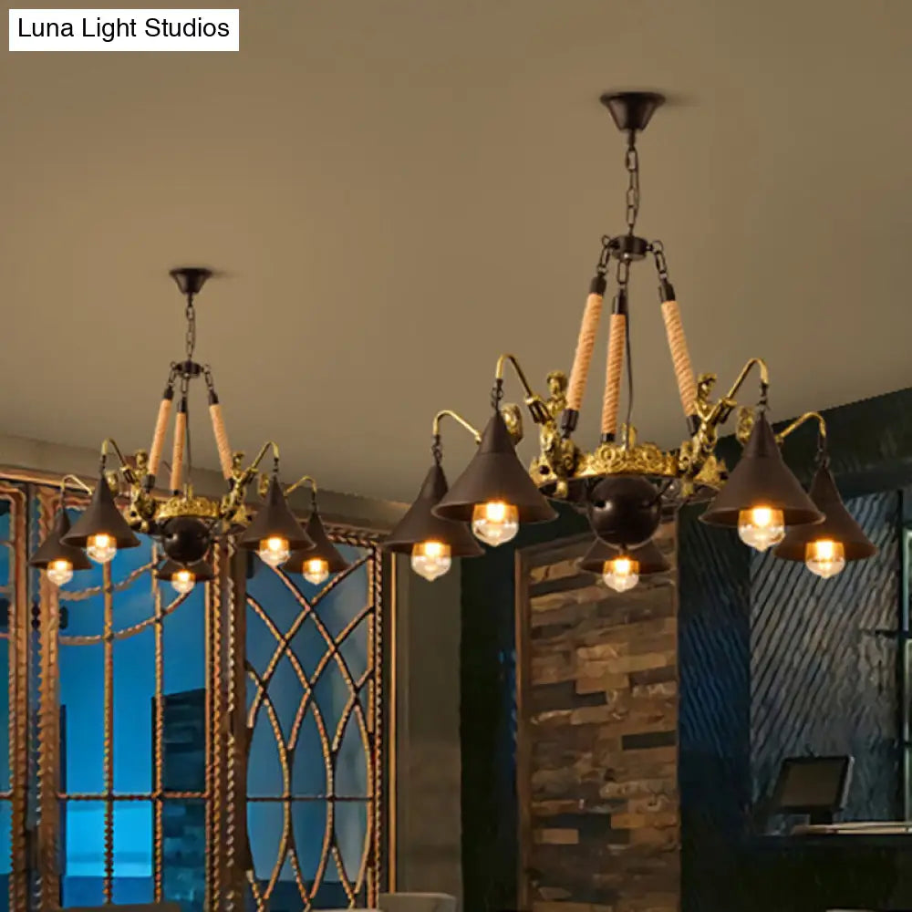 Black Metal Farm Conical Pendant Chandelier With Mermaid Arm For Living Room 5 /